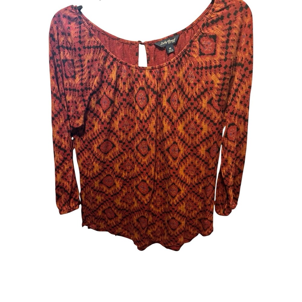 Women's Size Medium Lucky Brand Burgundy Diamond Shirt LS Peasant Knit Top EUC